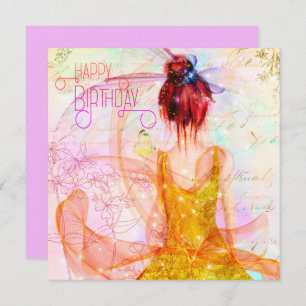 Colourful Mystical Girl Happy Birthday gold Card