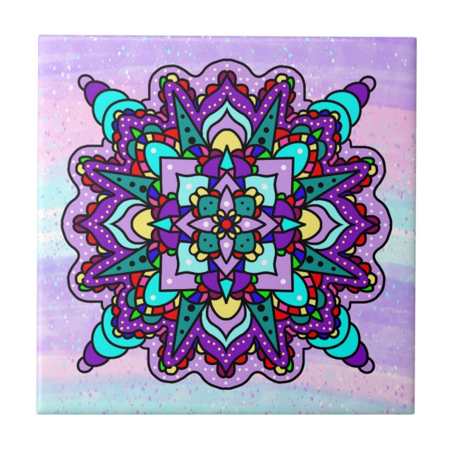 Colourful Mystical Mandala in Purple and Blue Ceramic Tile (Front)