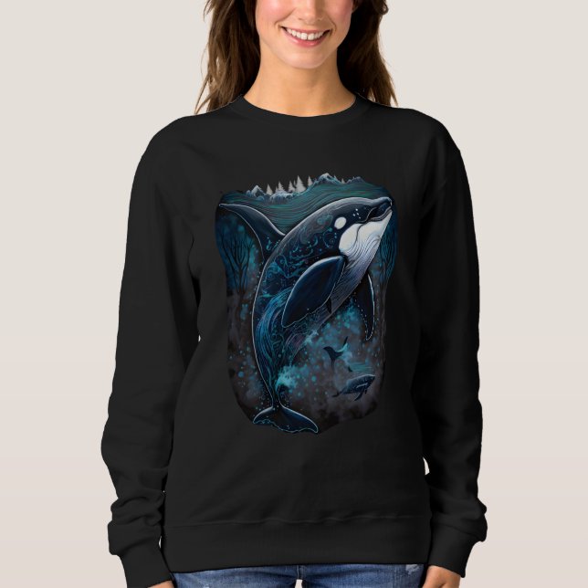 Colourful mystical orca whale watching dolphin pot sweatshirt (Front)