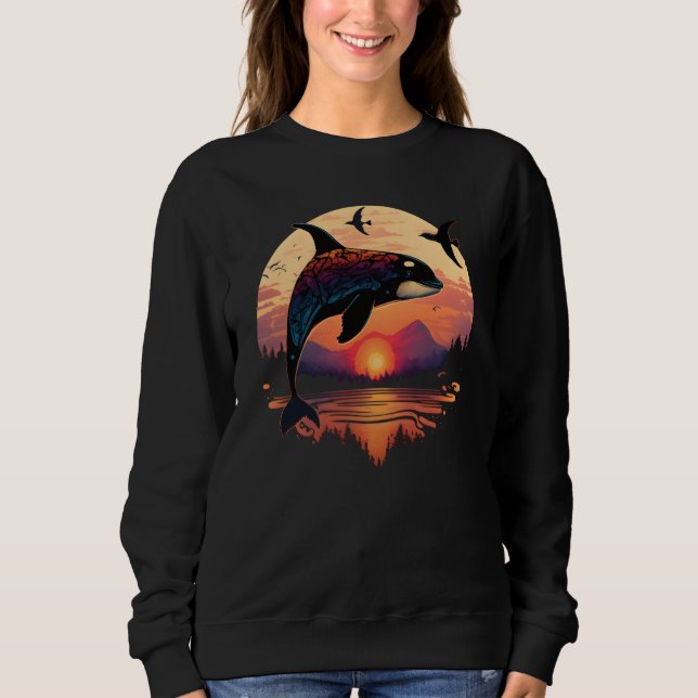 Colourful mystical orca whale watching dolphin pot sweatshirt (Front)