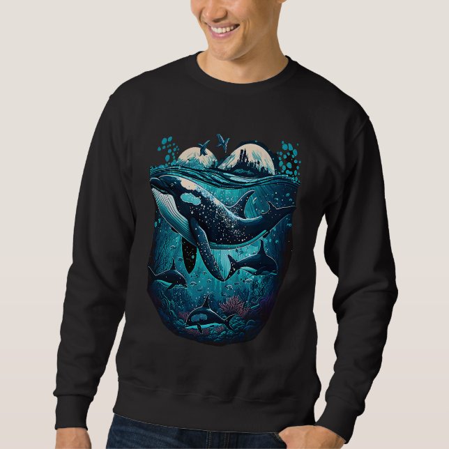 Colourful mystical orca whale watching dolphin pot sweatshirt (Front)