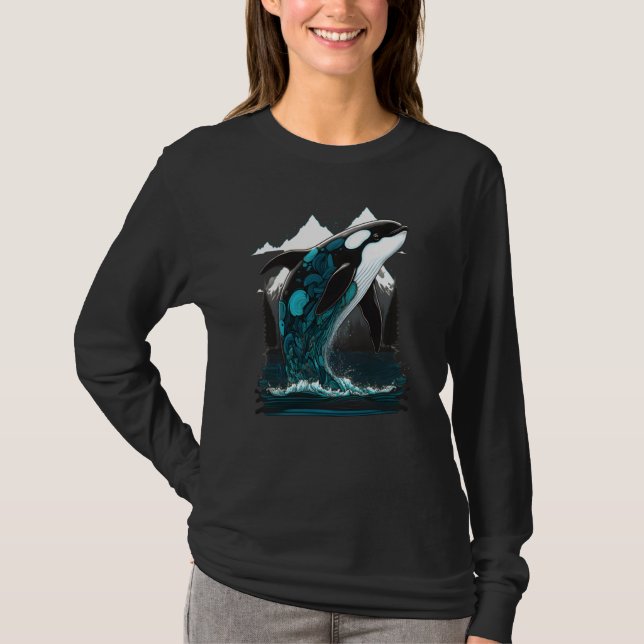 Colourful mystical orca whale watching dolphin pot T-Shirt (Front)