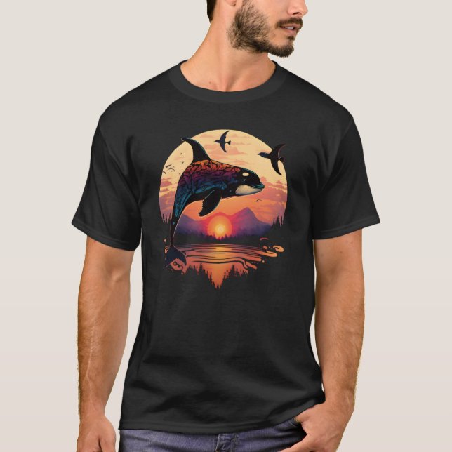 Colourful mystical orca whale watching dolphin pot T-Shirt (Front)
