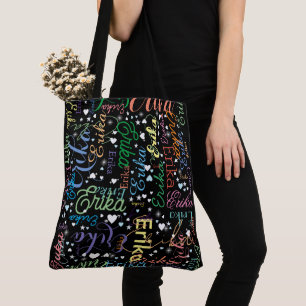 Colourful Names Cute Hearts and Stars on Black Tote Bag