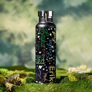 Colourful Names Cute Hearts and Stars on Black Water Bottle