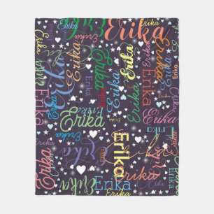 Colourful Names Cute Hearts and Stars on Indigo Fleece Blanket