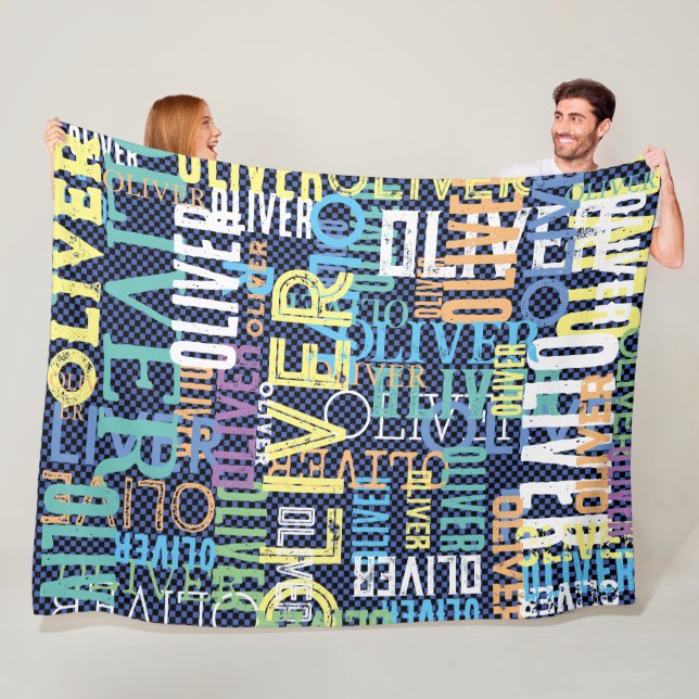 Colourful Names Replicated over chequered pattern Fleece Blanket (In Situ)