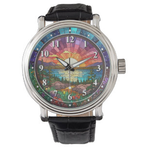 Colourful Nature Sunset Faux Stained Glass Mosaic Watch