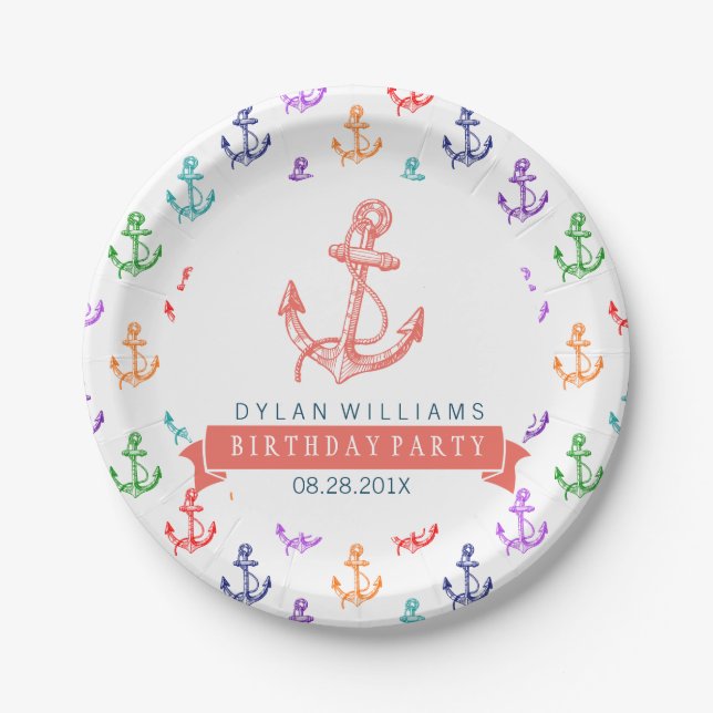 Colourful Nautical Boat Anchors Pattern Paper Plate (Front)