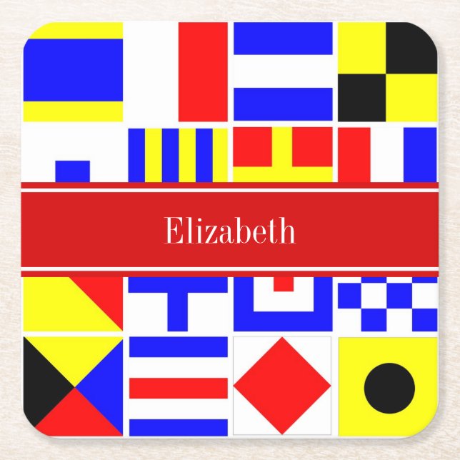Colourful Nautical Signal Flags Red Name Monogram Square Paper Coaster (Front)
