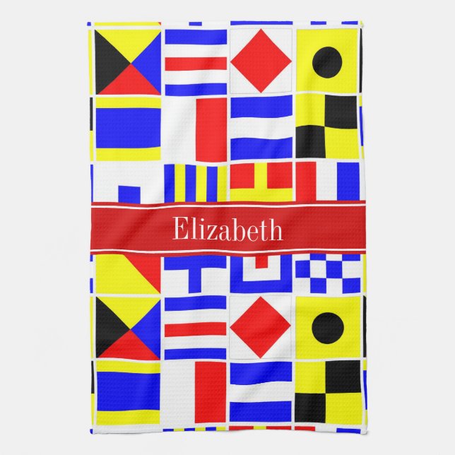 Colourful Nautical Signal Flags Red Name Monogram Tea Towel (Vertical)