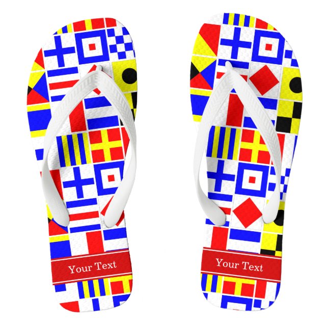 Colourful Nautical Signal Flags Red Name Monogram Thongs (Footbed)