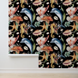 Colourful Nautical Underwater Sea Animal LIfe Blac Wallpaper