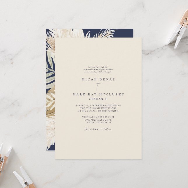 Colourful Navy & Beige Pampas Wedding Invitation (Front/Back In Situ)