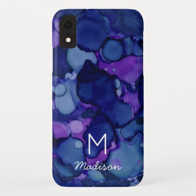 Colourful Navy Purple Alcohol Ink Texture Monogram Case-Mate iPhone Case (Back)