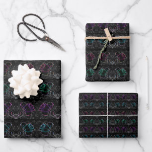 Colourful Neon, Abstract Roses on Black Background Wrapping Paper Sheet