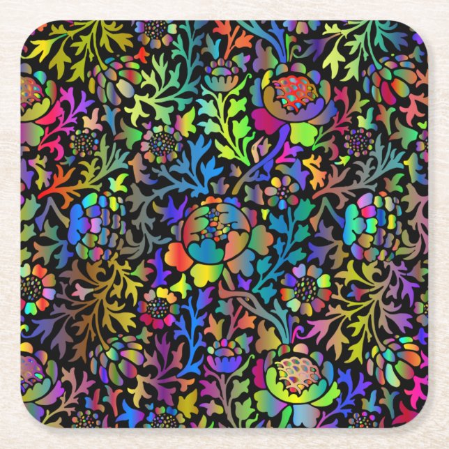 Colourful Neon Coloured Floral Pattern Square Paper Coaster (Front)