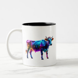 Colourful Neon Cow Art – Vibrant Glowing Cow Two-Tone Coffee Mug