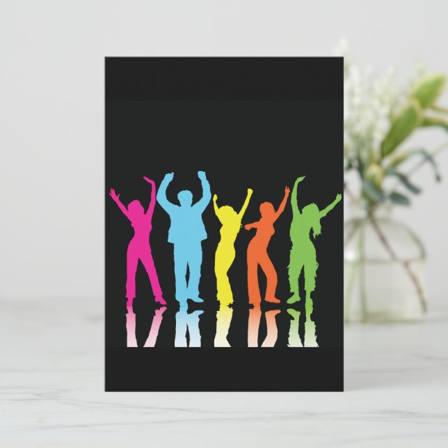 Colourful Neon Dancing Silhouettes Retro Party Invitation (Standing Front)