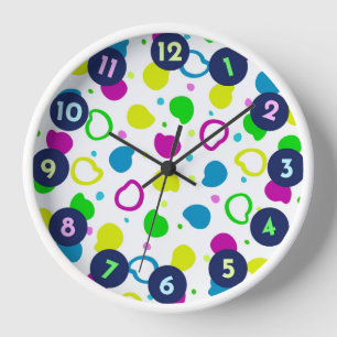 Colourful neon dots and shapes retro pattern clock