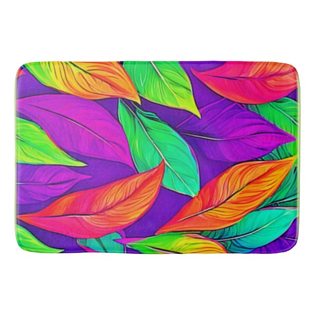 Colourful Neon Ethereal Leaves Pattern Bath Mat (Front)