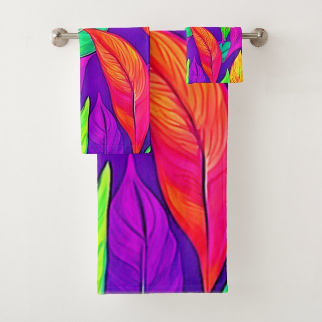 Colourful Neon Ethereal Leaves Pattern Bath Towel Set (Insitu)