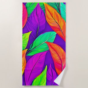 Colourful Neon Ethereal Leaves Pattern Beach Towel
