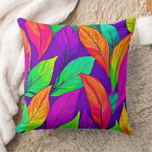 Colourful Neon Ethereal Leaves Pattern Cushion