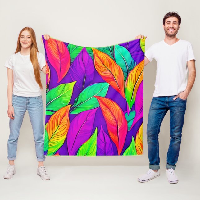 Colourful Neon Ethereal Leaves Pattern Fleece Blanket (In Situ)