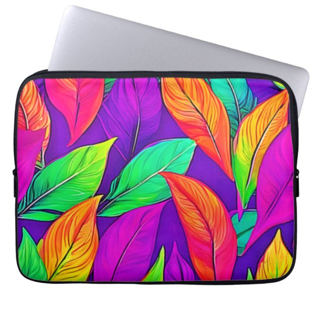 Colourful Neon Ethereal Leaves Pattern Laptop Sleeve (Front)