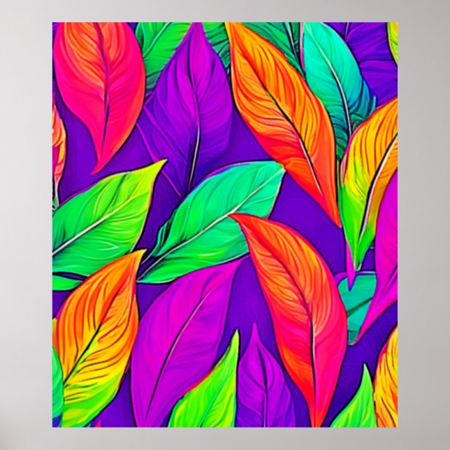 Colourful Neon Ethereal Leaves Pattern Poster (Front)
