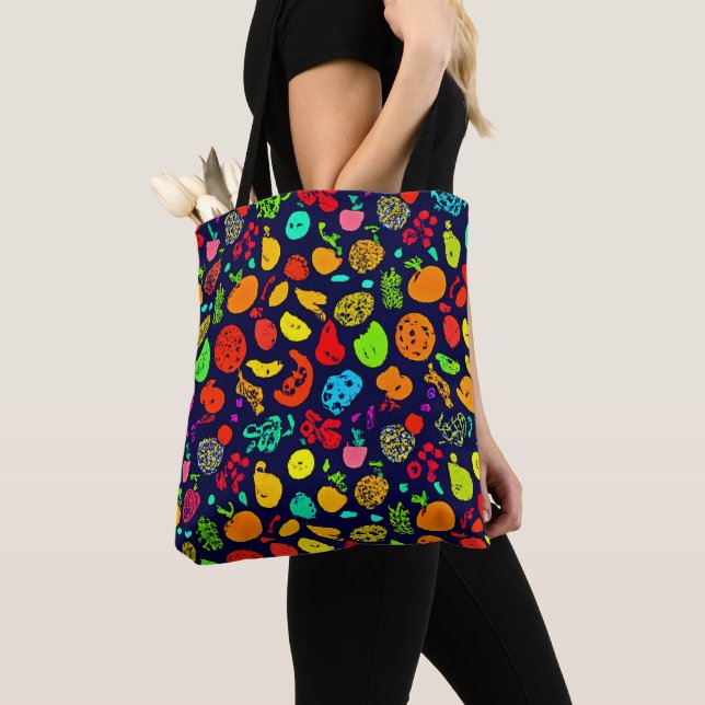 Colourful Neon Fruit Pattern Art Tote Bag (Close Up)