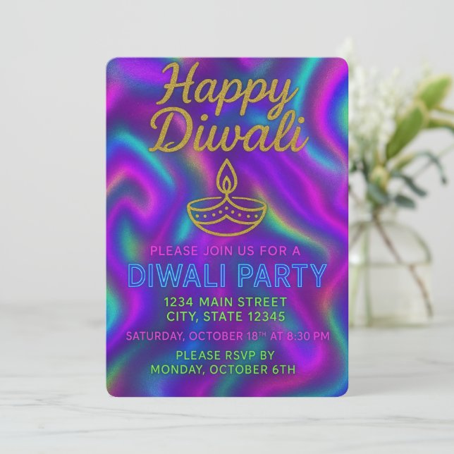 Colourful Neon Glow Happy Diwali Party Invitation (Standing Front)