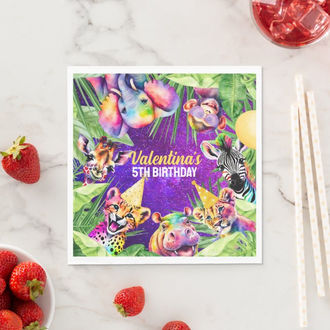 Colourful Neon Glow Safari Jungle Party Animals Napkin (Insitu)
