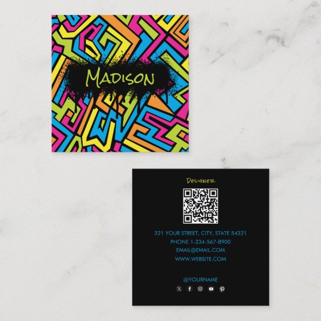 Colourful Neon Graffiti Art QR Code Social Media  Square Business Card (Front/Back)