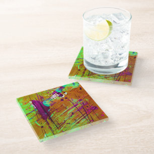 Colourful Neon Green Abstract Splatter Paint Glass Coaster