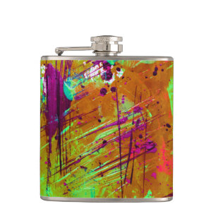 Colourful Neon Green Abstract Splatter Paint Hip Flask