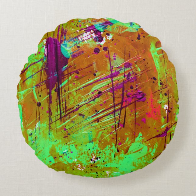 Colourful Neon Green Abstract Splatter Paint Round Cushion (Front)