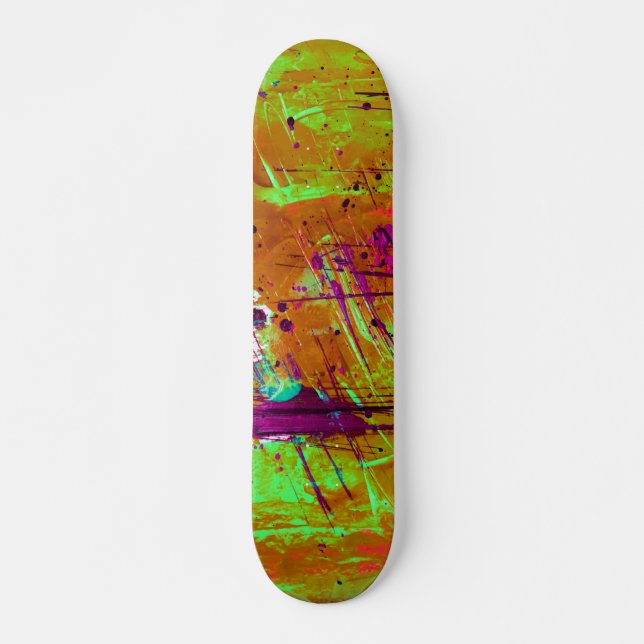 Colourful Neon Green Abstract Splatter Paint Skateboard (Front)