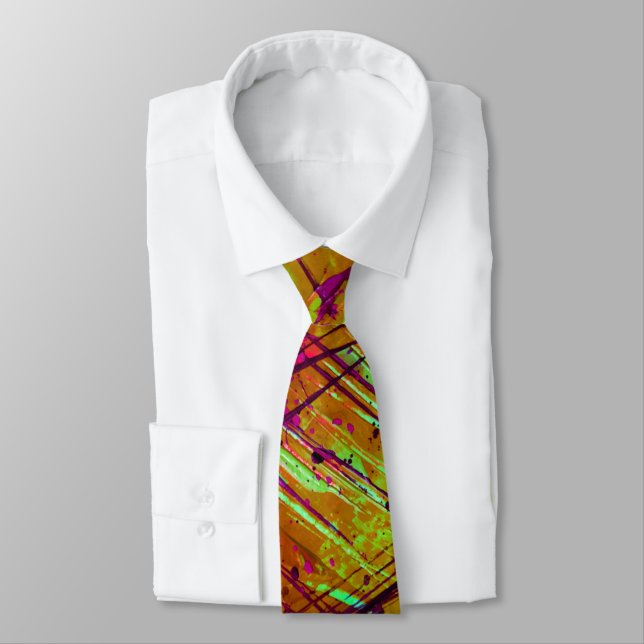 Colourful Neon Green Abstract Splatter Paint Tie (Tied)