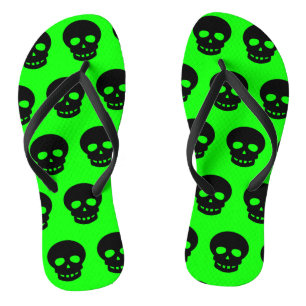 Colourful Neon Green Black Skulls Pattern Womens Thongs