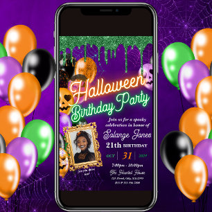 Colourful Neon Halloween Birthday Party Invitation