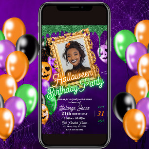 Colourful Neon Halloween Birthday Party Invitation