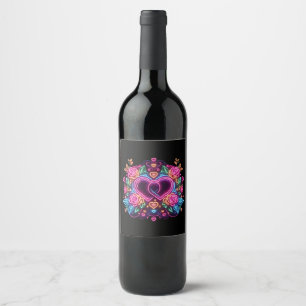 Colourful neon heart Valentine's day Wine Label