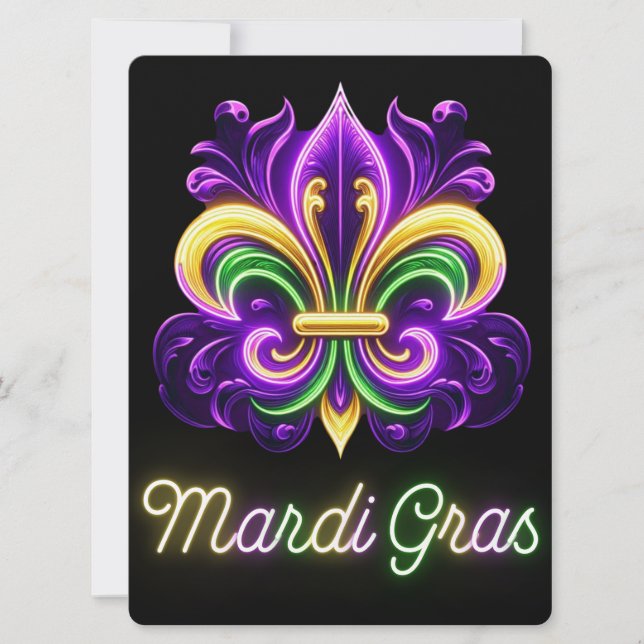 Colourful Neon Mardi Gras Fleur de lis Holiday Card (Front)