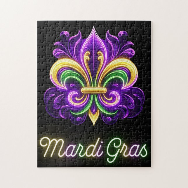 Colourful Neon Mardi Gras Fleur de lis Jigsaw Puzzle (Vertical)