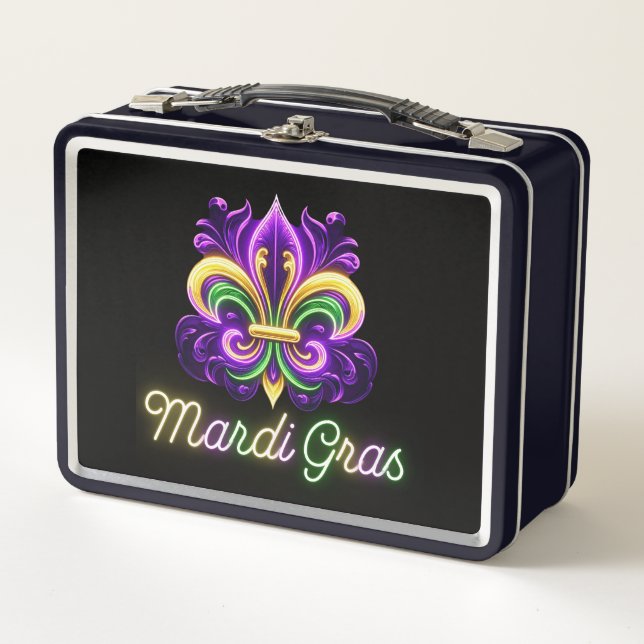 Colourful Neon Mardi Gras Fleur de lis Metal Lunch Box (Front)
