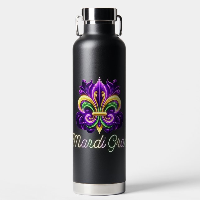 Colourful Neon Mardi Gras Fleur de lis Water Bottle (Front)