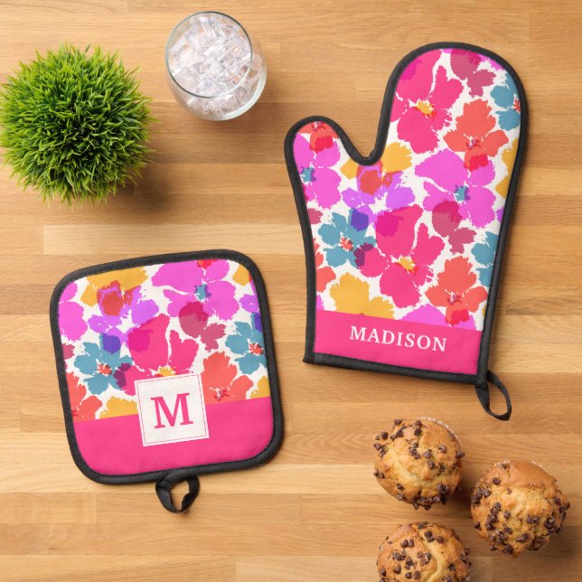 Colourful Neon Modern Flower Pattern Oven Mitt & Pot Holder Set (Top Down)