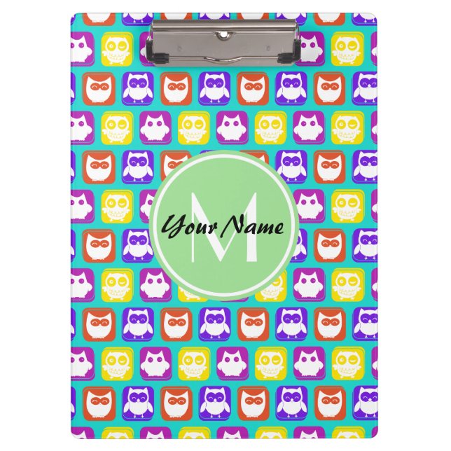 Colourful Neon Owl Custom Monogram, Personalised Clipboard (Front)